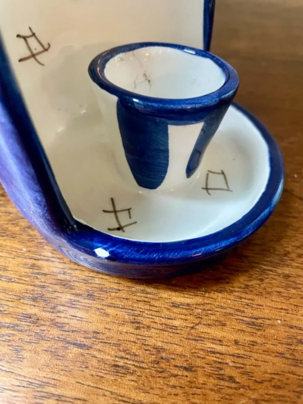 Folk Art Ceramic Blue & White Candle Holder Spain